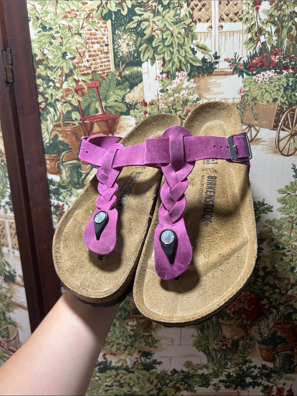 Birkenstock Women’s Pink Braided Suede Thong Sandals